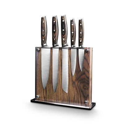 Art and Cook Stainless Steel 5 Piece Knife Set with 1 Magnetic Block: 8" Chef's Knife, 8" Slicer Knife, 8" Bread Knife, 5" Utility Knife, 3.5" Paring Knife, 1 Ash Wood Block