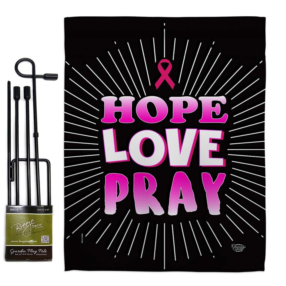 Love for Pink Ribbon Garden Flag Set with Stand Support Awareness Inspirational Survivor Prevention Cancer Autism Breast BLM Small Decorative Gift Yard House Banner Made In USA 13 X 18.5