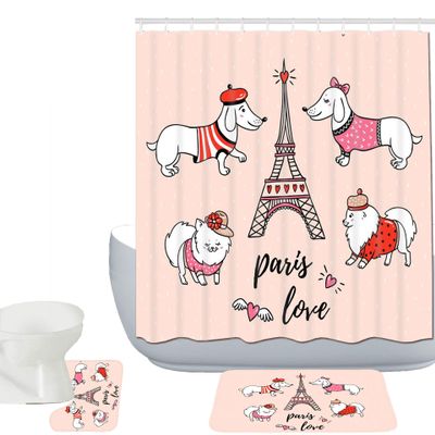 Amagical Paris Eiffel Tower French Decor Paris Tower Love and Cute Dogs Pattern 3 Piece Bathroom Mat Set Shower Curtain Set Non Slip Bath Mat Contour Mat and Waterproof Shower Curtain with 12 Hooks