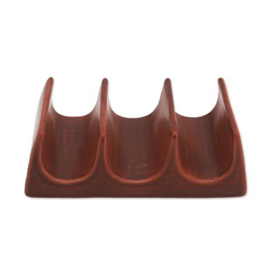 NOVICA Brown Ceramic Food Safe Taco Holder, 'Bali Waves'