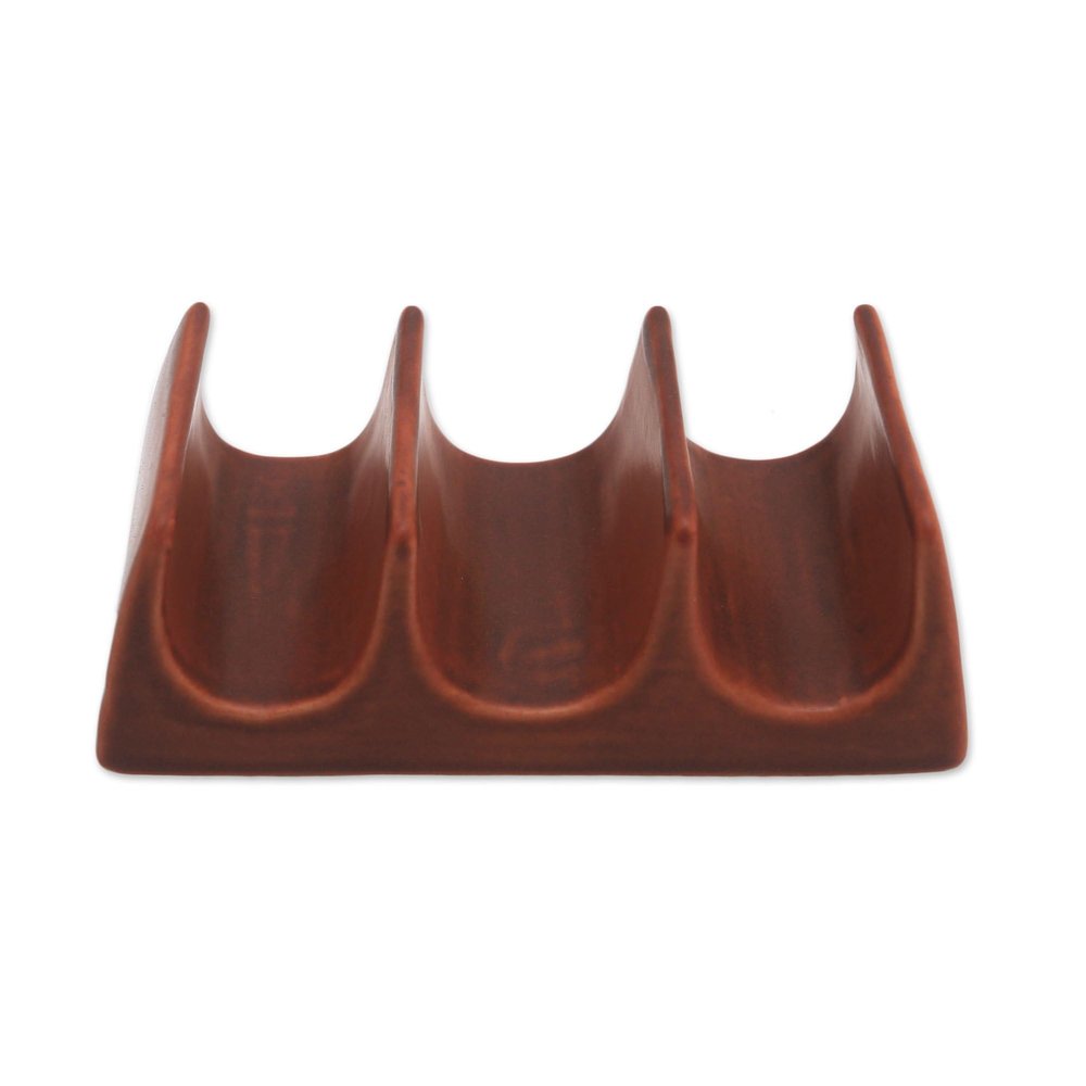 NOVICA Brown Ceramic Food Safe Taco Holder, 'Bali Waves'