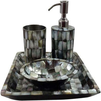 India Meets India Handicraft Real Seashell Bathroom Accessories Set-Soap Dish, Liquid Dispenser, Toothbrush Holder, Bathroom Tray Set, Best Gifting, Made by Awarded- Indian Artisan