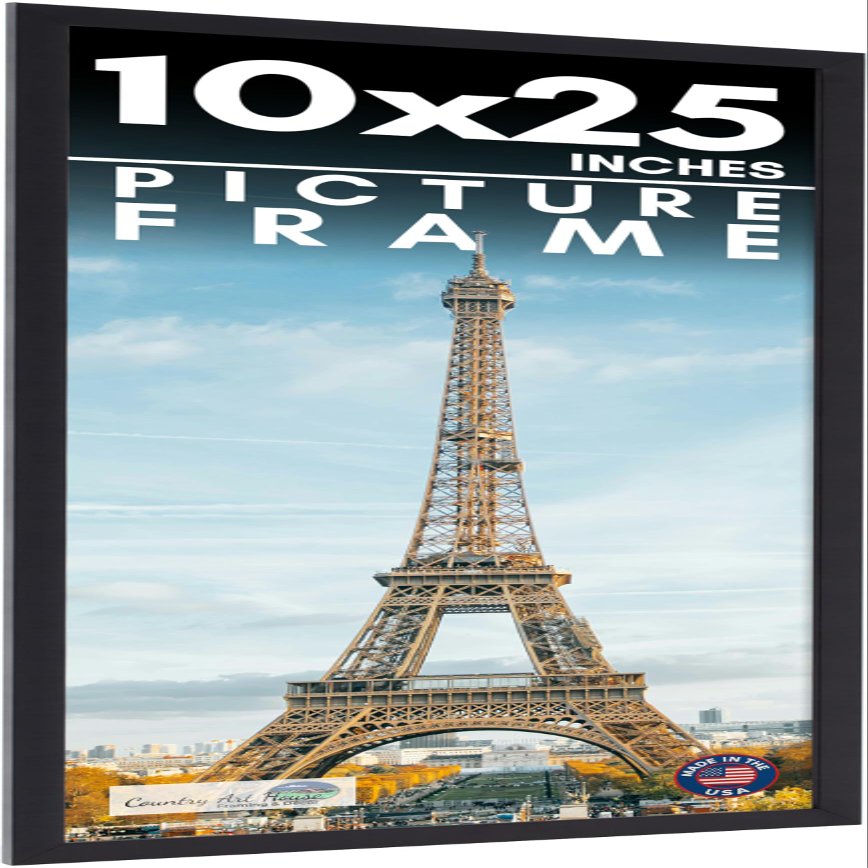 10x25 Frame Black Picture Frame - Complete Modern Photo Frame Includes UV Acrylic Shatter Guard Front, Acid Free Foam Backing Board, Hanging Hardware Wood Wall Frames for Family Photos - no Mat