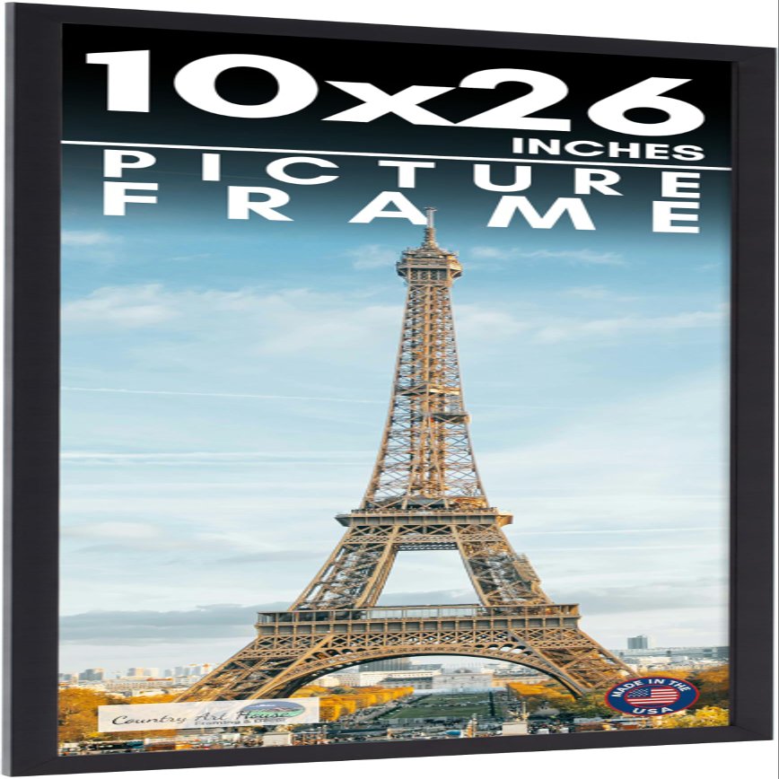10x26 Frame Black Picture Frame - Complete Modern Photo Frame Includes UV Acrylic Shatter Guard Front, Acid Free Foam Backing Board, Hanging Hardware Wood Wall Frames for Family Photos - no Mat