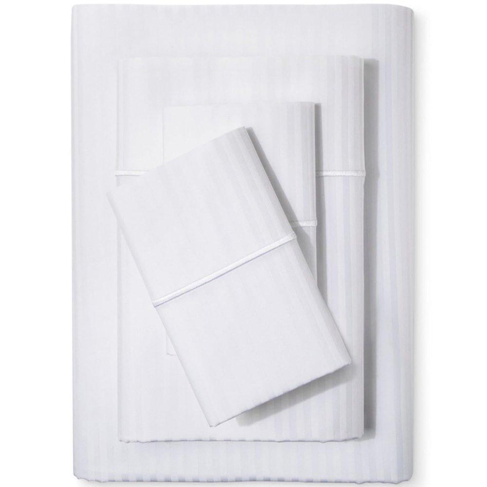 Feather & Stitch 500 TC Split King Size Damask Bed Sheet Set, 100% Cotton Soft Breathable Bedsheets, 5 Piece 18" Deep Pockets Sateen Weave Striped Bedding Mattress Resort Hotel - (Stripe White)