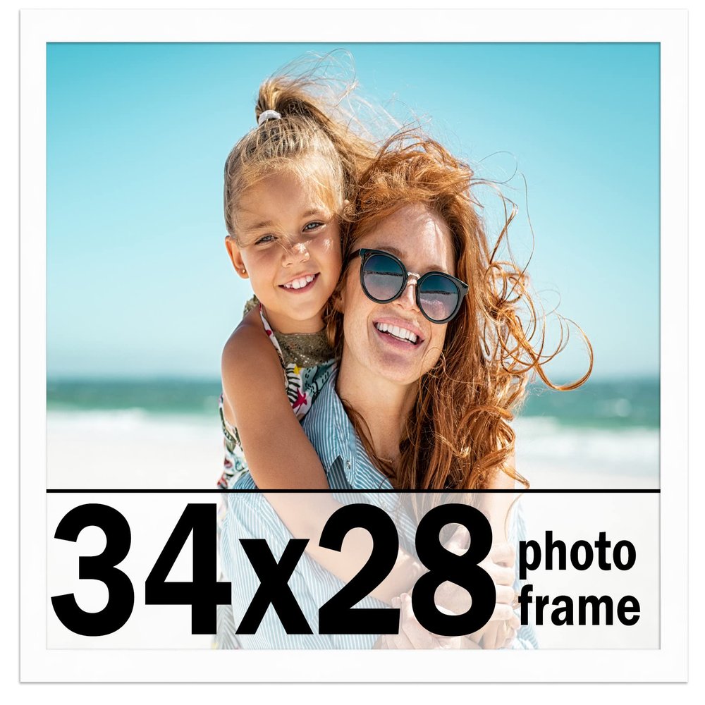34x28 Frame White Solid Wood Picture Frame Includes UV Acrylic Shatter Guard Front, Acid Free Foam Backing Board, Hanging Hardware Wood Square Frame Wall Frames for Family Photos - no Mat
