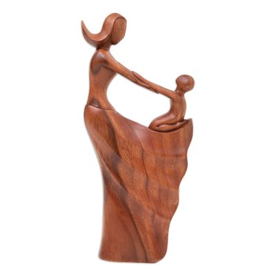 NOVICA Brown Wood Abstract Sculpture from Indonesia 'Motherly Affection'