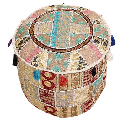 DK Homewares Indian Pouf Ottoman Cover Vintage Patchwork White Round Foot Rest Living Room Cotton Embroidered Pouffee Floor Pillow Case Floral Traditional 16x16x13