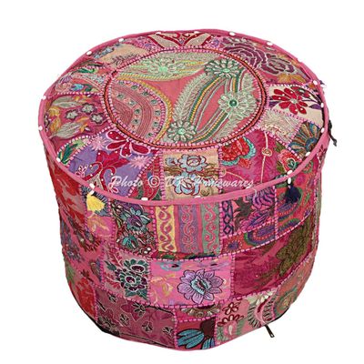 DK Homewares Indian Vintage Patchwork Pouf Ottoman Cover Pink Round Foot Rest Pouffe Living Room Cotton Embroidered Pouffe Footstool Floral Traditional 16x16x13