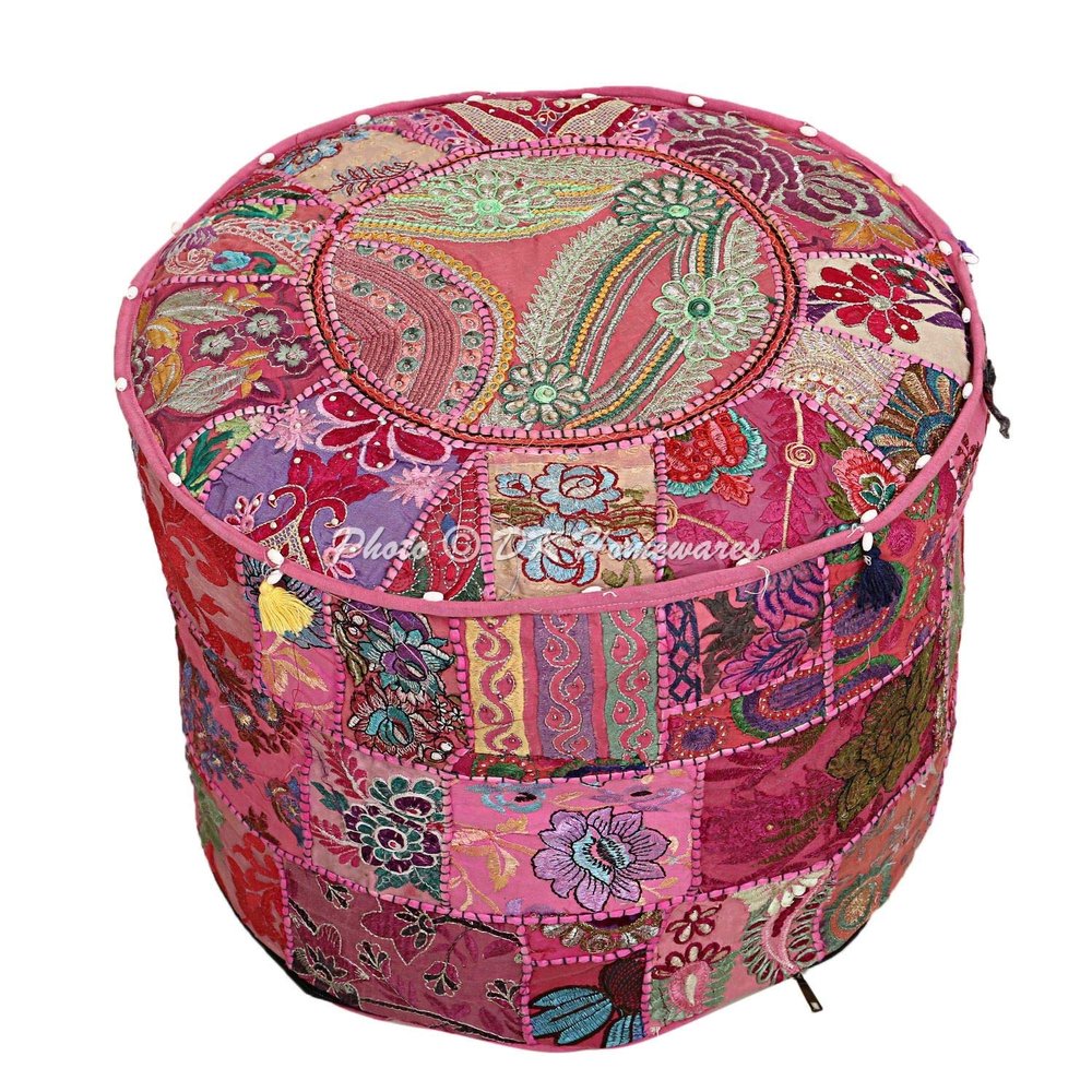 DK Homewares Indian Vintage Patchwork Pouf Ottoman Cover Pink Round Foot Rest Pouffe Living Room Cotton Embroidered Pouffe Footstool Floral Traditional 16x16x13