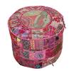 DK Homewares Indian Vintage Patchwork Pouf Ottoman Cover Pink Round Foot Rest Pouffe Living Room Cotton Embroidered Pouffe Footstool Floral Traditional 16x16x13 view 1