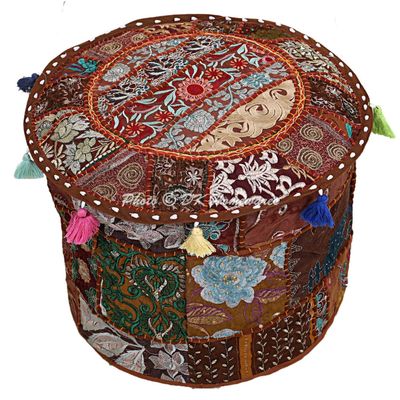 DK Homewares Indian Pouf Ottoman Cover Vintage Patchwork Dark Brown Round Bean Bag Decorative Tuffet Cotton Embroidered Pouffe Foot Rest Floral Traditional 16x16x13