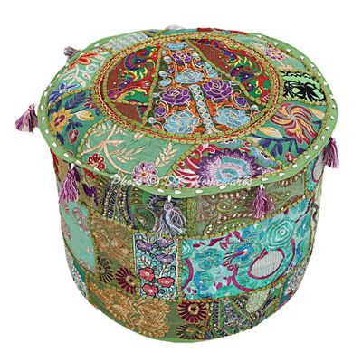 DK Homewares Indian Vintage Patchwork Pouf Ottoman Cover Parrot Green Round Foot Stool Decorative Tuffet Cotton Embroidered Pouffe Floor Cushion Floral Traditional 16x16x13