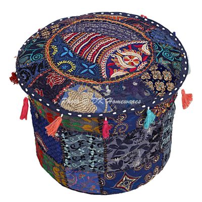 DK Homewares Indian Vintage Patchwork Pouf Ottoman Cover Dark Blue Round Footstool Pouffe Home Decor Cotton Embroidered Pouffe Foot Rest Floral Traditional 16x16x13
