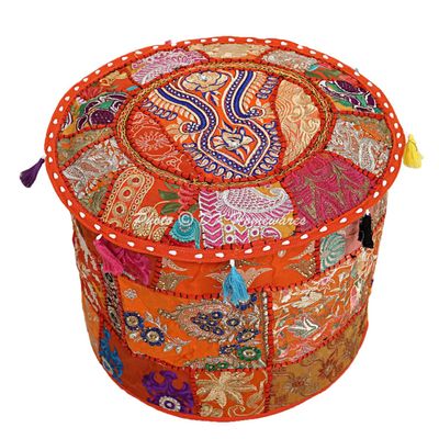 DK Homewares Indian Vintage Patchwork Pouf Ottoman Cover Orange Round Foot Stool Decorative Tuffet Cotton Embroidered Pouffee Floor Pillow Case Floral Traditional 16x16x13