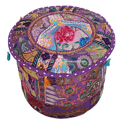 DK Homewares Indian Vintage Patchwork Pouf Ottoman Cover Purple Round Bean Bag Living Room Cotton Embroidered Pouffe Foot Rest Floral Traditional 16x16x13