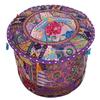 DK Homewares Indian Vintage Patchwork Pouf Ottoman Cover Purple Round Bean Bag Living Room Cotton Embroidered Pouffe Foot Rest Floral Traditional 16x16x13 view 1