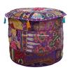 DK Homewares Indian Vintage Patchwork Pouf Ottoman Cover Purple Round Bean Bag Living Room Cotton Embroidered Pouffe Foot Rest Floral Traditional 16x16x13 view 2