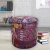 DK Homewares Indian Vintage Patchwork Pouf Ottoman Cover Purple Round Bean Bag Living Room Cotton Embroidered Pouffe Foot Rest Floral Traditional 16x16x13 view 3