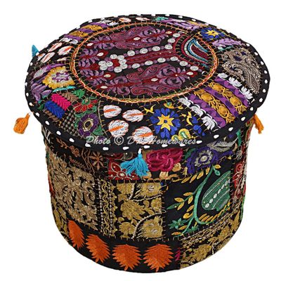 DK Homewares Indian Vintage Patchwork Pouf Ottoman Cover Black Round Foot Rest Living Room Cotton Embroidered Pouffe Floor Cushion Floral Traditional 16x16x13
