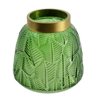 6" x 6" Glass Vase with Vintage Green Leaf Pattern - Decorate with Flowers and Succulents, Perfect Decor for Your Living Room, Console Table, entryway, Foyer, and Centerpiece