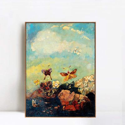INVIN ART Framed Canvas Giclee Print Butterflies by Odilon Redon Wall Art Living Room Home Office Decorations(Wood Color Slim Frame,20"x28")