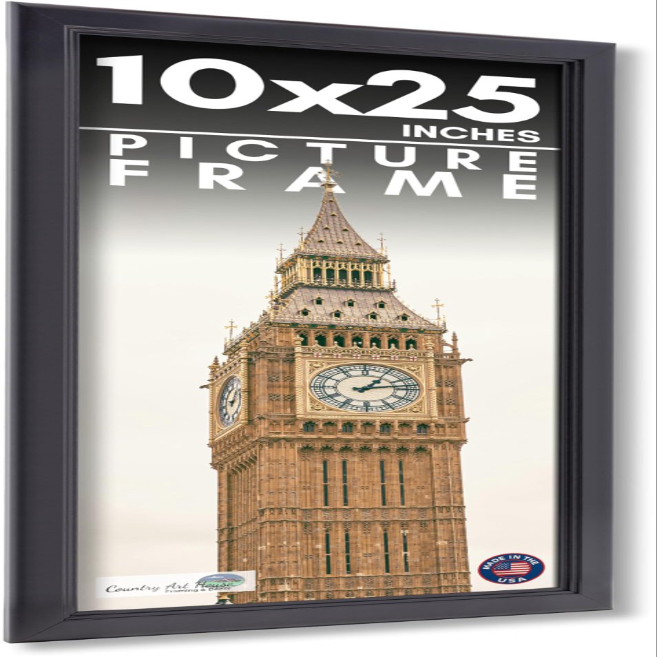 10x25 Frame Black Picture Frame - Complete Modern Photo Frame Includes UV Acrylic Shatter Guard Front, Acid Free Foam Backing Board, Hanging Hardware Wood Wall Frames for Family Photos - no Mat