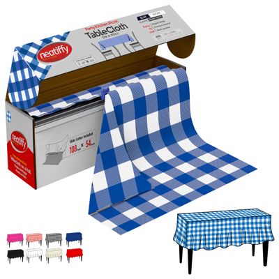 Neatiffy Disposable Plastic Table Cloth Roll | 54 in x 108 Ft Waterproof Tablecloth | Table Cover for Rectangle, Square, Round Oval Tables | Picnic, Party, Banquet, Birthdays, Weddings - Blue Gingham