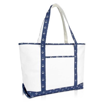 DALIX 23" Premium 24 oz. Cotton Canvas Shopping Tote Navy Blue Anchor