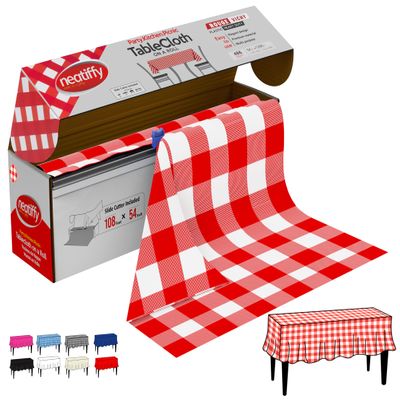 Neatiffy Disposable Plastic Table Cloth Roll | 54 in x 108 Ft Waterproof Tablecloth | Table Cover for Rectangle, Square, Round Oval Tables | Picnic, Party, Banquet, Birthdays, Weddings, Red Checkered