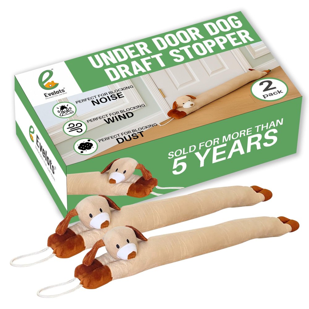 Evelots Under Door Dog Draft Stopper - Weighted - 2 Pack - Keep Cold Air, Warm Air Out - Odor, Noise, Dust, Wind Blocker - Great for Window - Full 38 Inch Long - Heavy Duty Cute Puppy - Hanging Loops