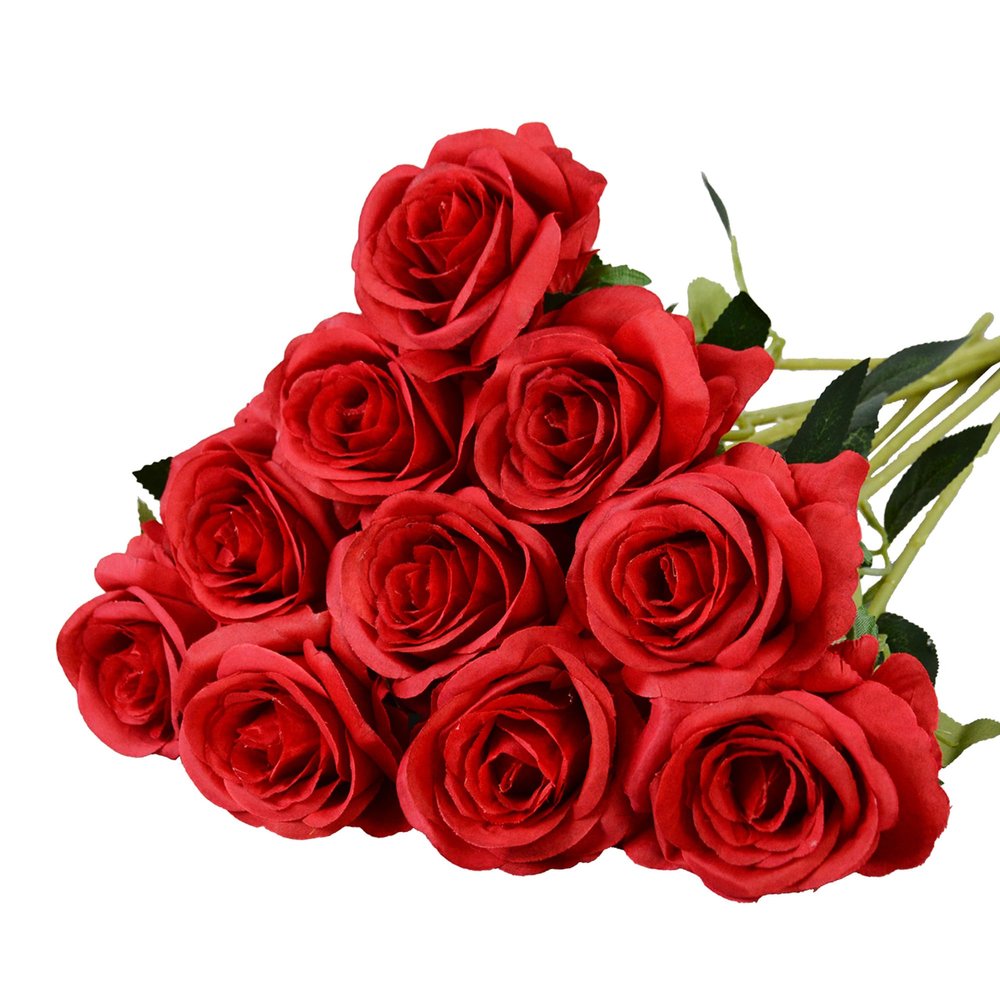 10 Pcs Red Rose Artificial Flower, Faux Silk Flowers With Long Stems, Fake Roses Bulk Bouquet for Decoration Valentine's Day Centerpieces Proposal Bridal Bouquets Shower Party Home Floral Decor