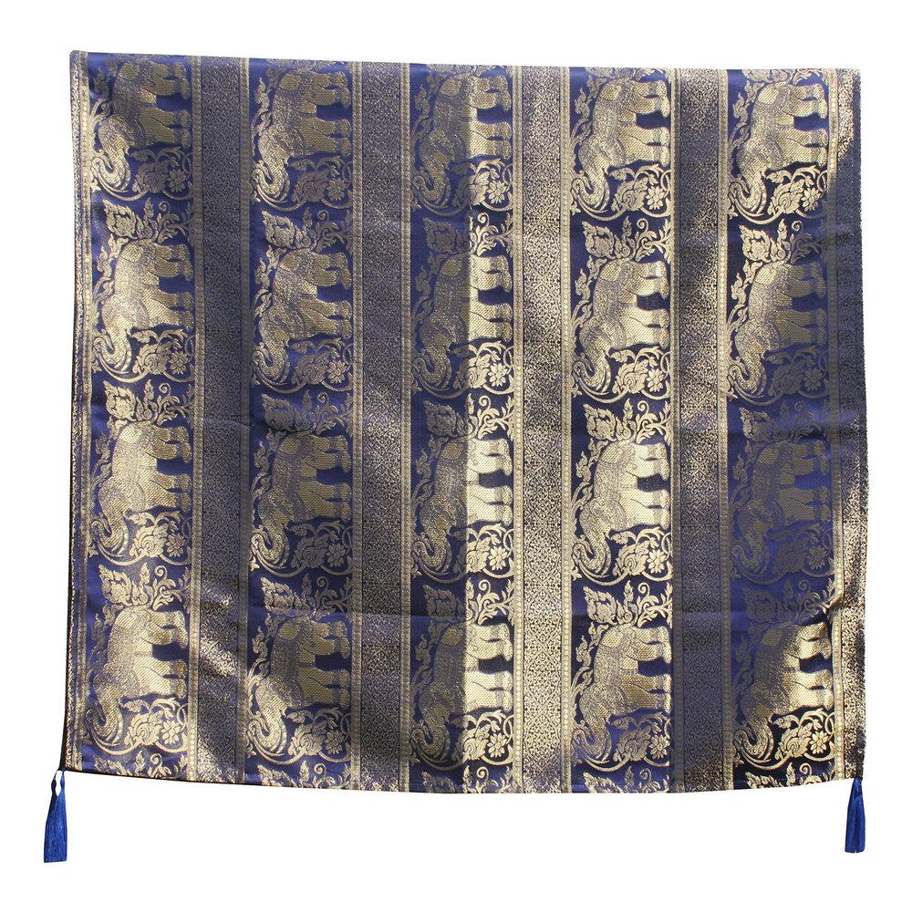 RaanPahMuang Thai Silk Table Cloth 38x70inch - Trumpeting Thailand Elephant Rows, Elephant Rows - Dark Blue