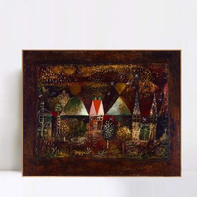 INVIN ART Framed Canvas Giclee Print Night Feast by Paul Klee Wall Art Living Room Home Office Decorations(Wood Color Slim Frame,20"x24")