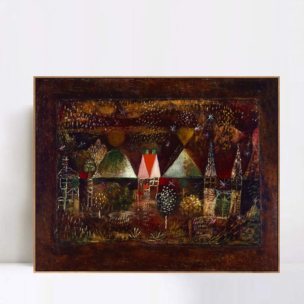 INVIN ART Framed Canvas Giclee Print Night Feast by Paul Klee Wall Art Living Room Home Office Decorations(Wood Color Slim Frame,20"x24")