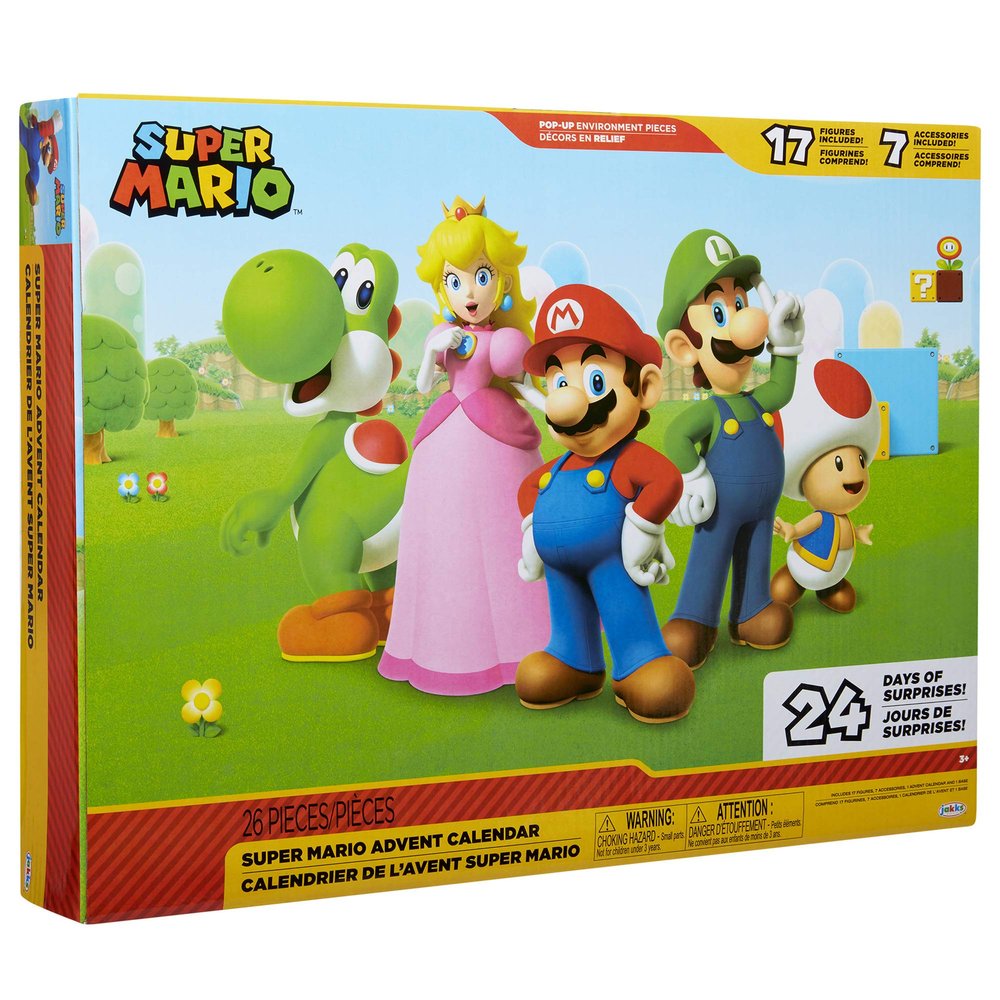Super Mario Nintendo Advent Calendar Christmas Holiday Calendar with 17 Articulated 2.5 Action Figures & 7 Accessories, 24 Day Surprise Countdown with Pop-Up Environment [Amazon Exclusive]