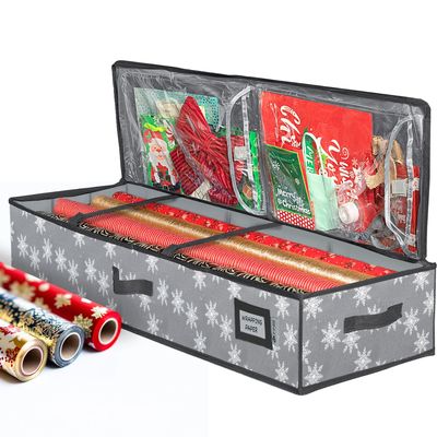 HOLDN STORAGE Premium Wrapping Paper Storage Container - Durable 600D Tear-Proof, Fits 27 Rolls Gift Wrap, Extra Pockets for Ribbons & Bows, Underbed Storage - Ideal for Holiday Christmas, Grey/White Snowflakes