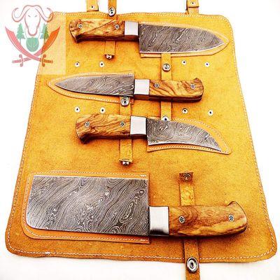 Custom Made Damascus Steel Kitchen Knife 4-Pcs Set FBK-1045 and 1049 (Natural Kow Wood)
