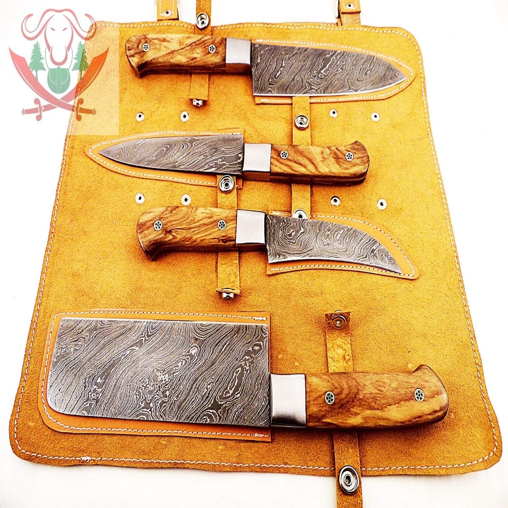 Custom Made Damascus Steel Kitchen Knife 4-Pcs Set FBK-1045 and 1049 (Natural Kow Wood)