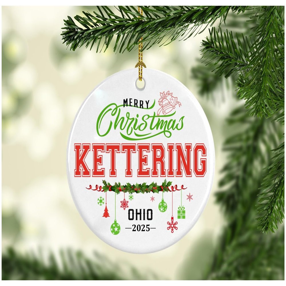 Christmas Decorations Tree Ornament 2022 - Gifts Hometown State - Merry Christmas Kettering Ohio - Gift for Family Rustic 1St Xmas Tree in Our New Home 3 Inches White