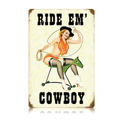 12 X 18 Vintage Metal Sign - Ride Em Cowboy/W Wood Frame/W Wood Frame