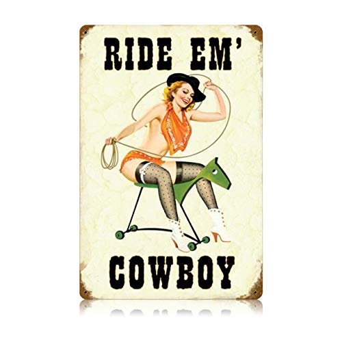 12 X 18 Vintage Metal Sign - Ride Em Cowboy/W Wood Frame/W Wood Frame