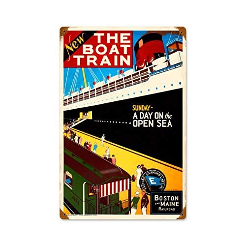 12 X 18 Vintage Metal Sign - Boat Train/W Wood Frame/W Wood Frame