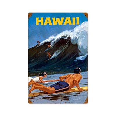 12 X 18 Vintage Metal Sign - Hawaii Wave/W Wood Frame/W Wood Frame