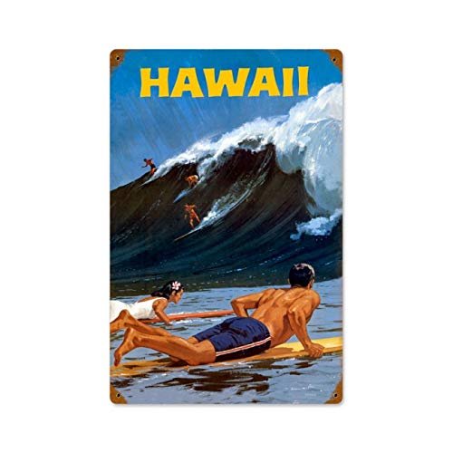 12 X 18 Vintage Metal Sign - Hawaii Wave/W Wood Frame/W Wood Frame