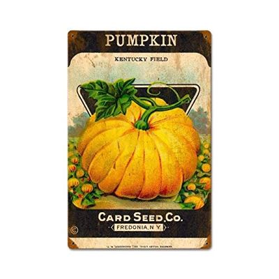 12 X 18 Metal Sign - Halloween Pumpkin Card Seed/W Wood Frame/W Wood Frame