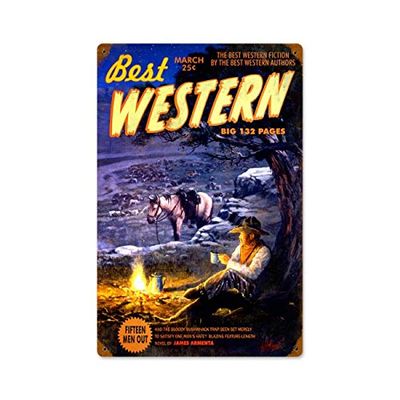 12 X 18 Vintage Metal Sign - Western Cowboy/W Wood Frame/W Wood Frame