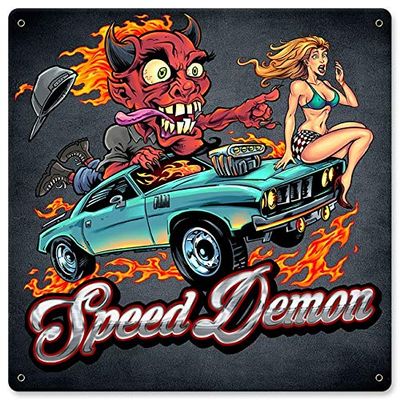 12 X 12 Satin Metal Sign - Speed Demon Flaming Hot Rod