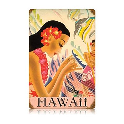 12 X 18 Vintage Metal Sign - Hawaii/W Wood Frame/W Wood Frame