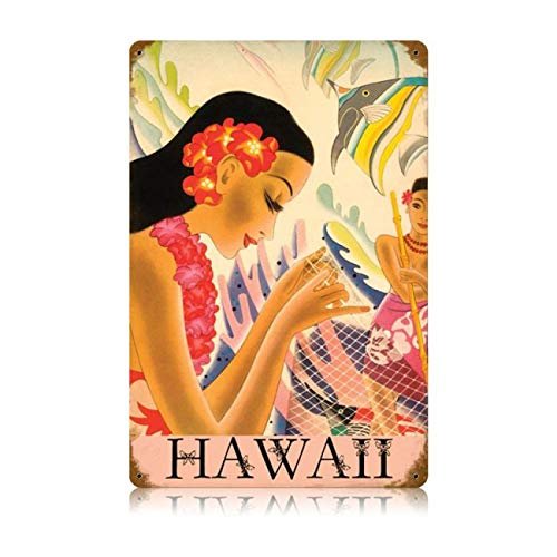 12 X 18 Vintage Metal Sign - Hawaii/W Wood Frame/W Wood Frame